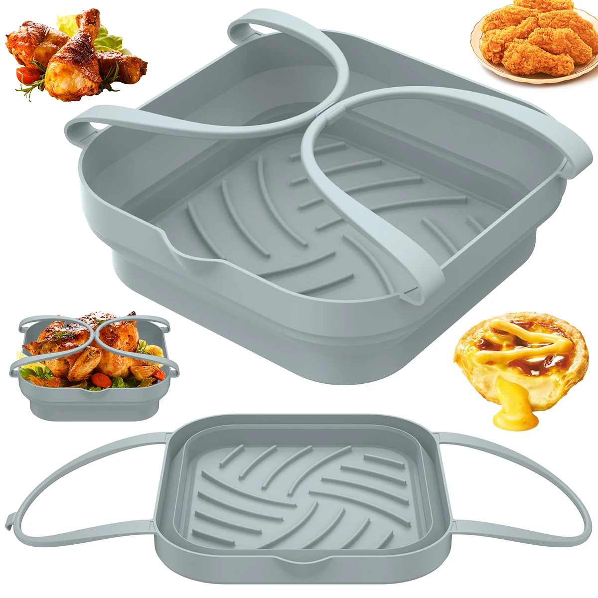 

L 2Pcs Air Fryer Silicone Liner with Handle Spout Reusable Air Fryer Silicone Pot Foldable Square Silicone Air Fryer Tray