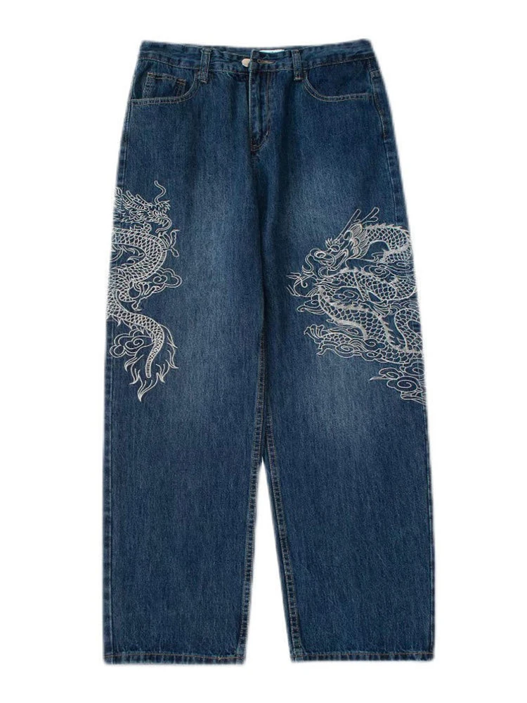 American Streetwear Chinese Dragon Embroidered Straight Loose Pants Y2k Jeans Men and Women Couples Loose Casual Pants Softener