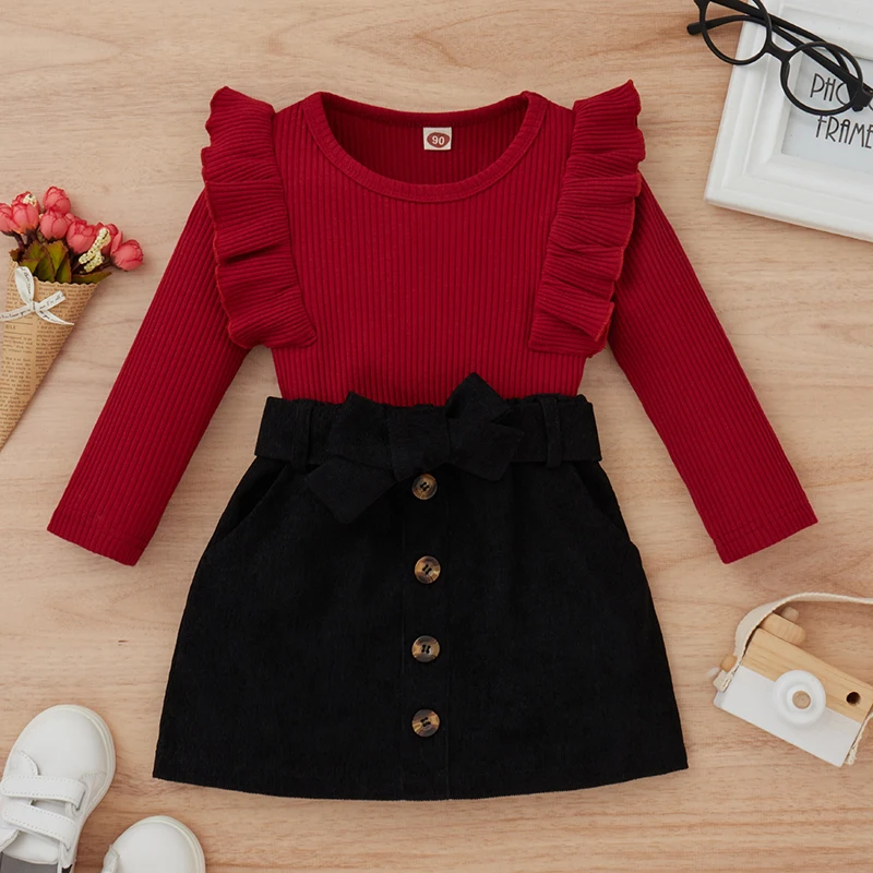 

Toddler Baby Girls Mini Skirts Set Solid Fall Winter Clothes Outfits Round Neck Pullover Tops Buttons A-Line Skirt Suits