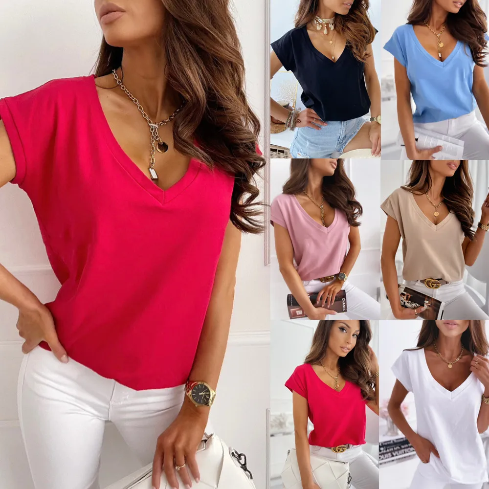 

2022 Summer Popular Solid Color Short-sleeved V-neck Simple T-shirt Top Loose and Comfortable Casual Women's Clothing