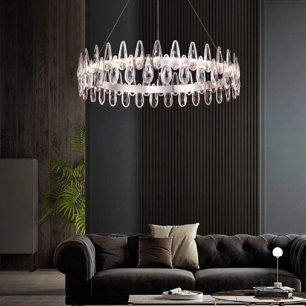 

Postmodern Luxury LED Chandelier Lighting K9 Crystal Dining Living Room Water Drop Hanging Lamp Bedroom Home Deco Round Fixtures