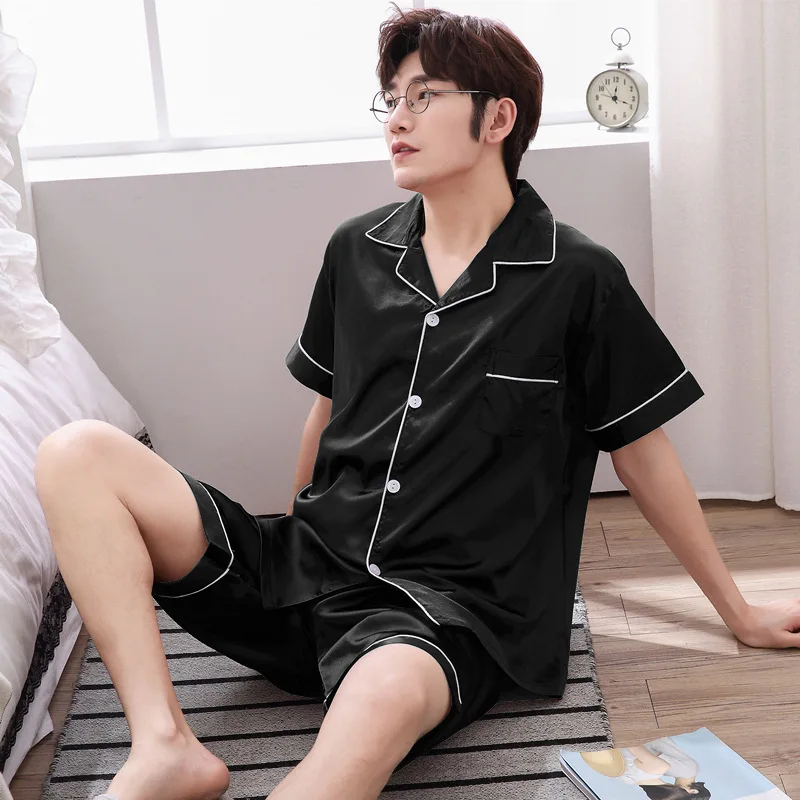 Men's Pajamas Summer Thin Ice Silk Summer Short-Sleeved Shirt and Shorts Artificial Silk plus Size Solid Color Suit