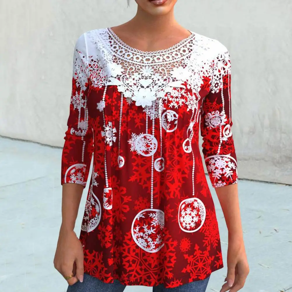 

Autumn Blouse Charming Anti Pilling Long Sleeves Xmas Snowflake Pattern Tee Shirt Female Clothing Women Blouse Autumn T-shirt