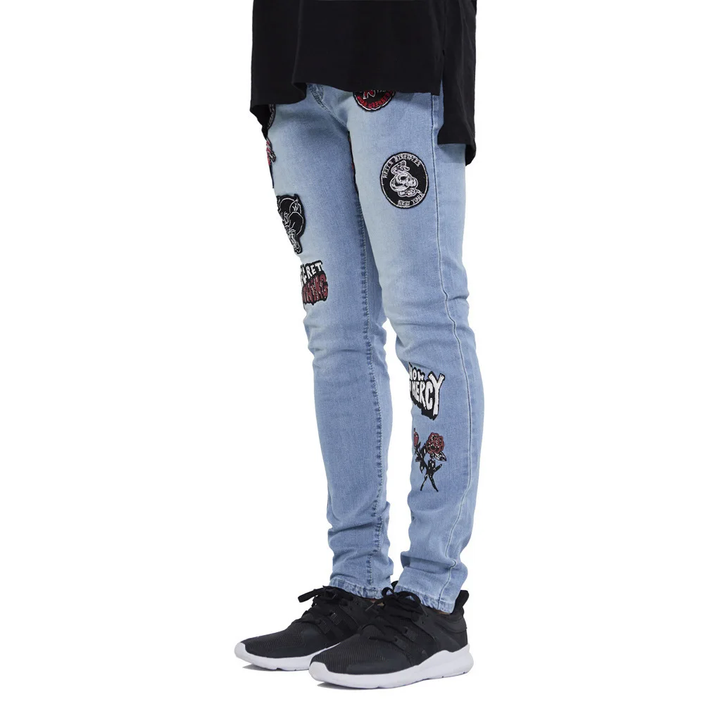 Fashion High Street Wear Y2K Embroidered Patch Stretch Slim Fit Plus Size Pants Men's Cotton Trousers Pencil Jeans For Men