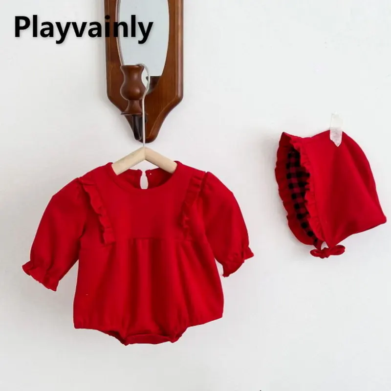 Демисезонный боди для маленьких девочек винно-красный хлопковый комбинезон с длинным рукавом + шапка Одежда для младенцев наряды для новорожденных EZ66