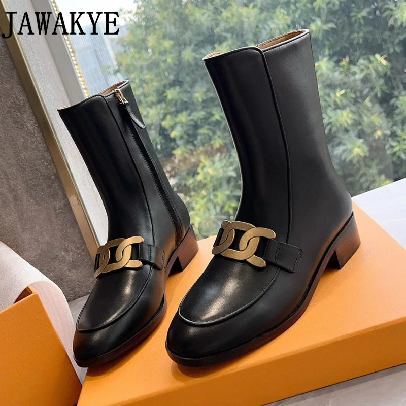 

Metal Buckle Low Heel Genuine Leather Chelsea Boots Winer Dress Shoes Women's Short Boots botines para mujeres
