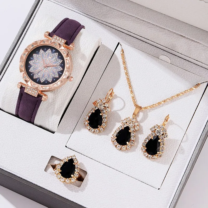 New 5pcs Set Watches Women Leather Band Ladies  Simple Casual Women's Analog WristWatch Bracelet OGDA Necklace Gift (No Box)