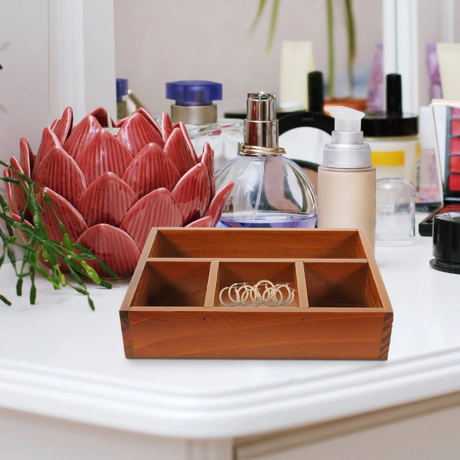 

Wooden Storage Box Serving Trays Bathroom Counter Makeup Key Vanity Delicate Finishing Home Organizing Desktop Rectangular