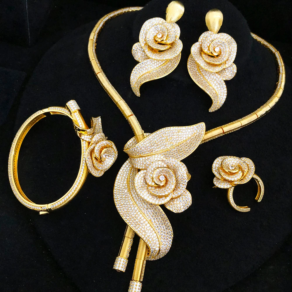 GODKI Nowa moda Afrykańskie duże kwiaty róży Dubaj Zestaw biżuterii ślubnej dla kobiet Ślub Impreza Nigeryjski naszyjnik Choker kolczyków