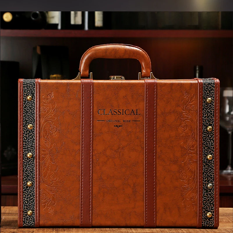 

Red Wine Box Pack of Two Bottles Antique Leather Pattern Black High-End Wine Gift 2PCs Customized Universal Retro Simple Large