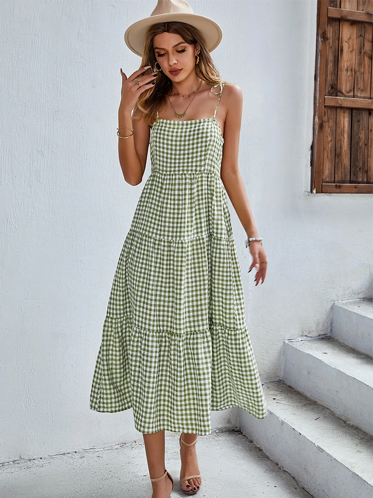 

Ladies Vintage Boho Plaid Summer Dress Women Sexy Backless Casual Ruffles Party Beach Sundress Women Dress Robe Vestidos Female
