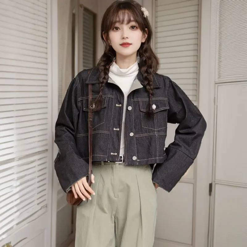 Новинка 2023 черное однобортное джинсовое пальто с отложным воротником топ