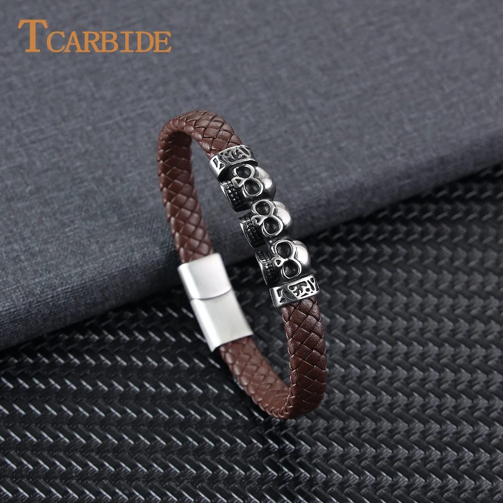 

Cool Skeleton Skull Leather Bracelet for Men Stainless Steel Punk Rock Gothic Charm Braided Bangle Male Wristband Jewelry