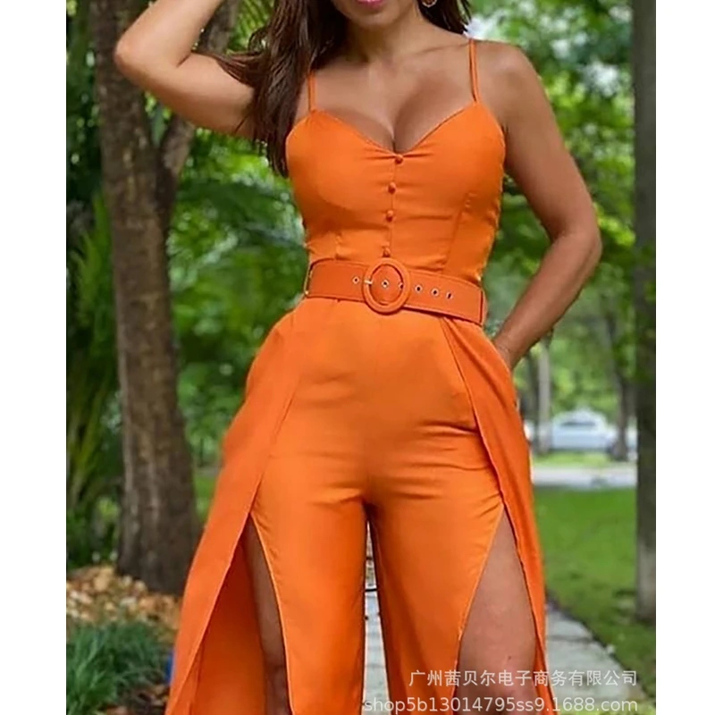 

Sexy Women Orange Jumpsuits Slim-fitting Wide-leg Overalls 2022 Summer Single-breasted Shoulder Strap Solid Color Jumpsuit