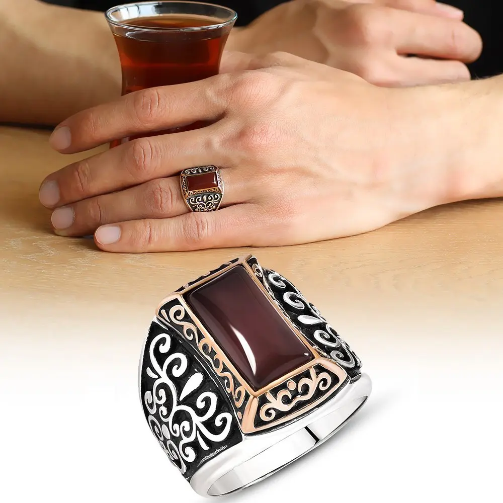 

Motif Red Agate Gemstone 925 Sterling Silver Men 'S Ring