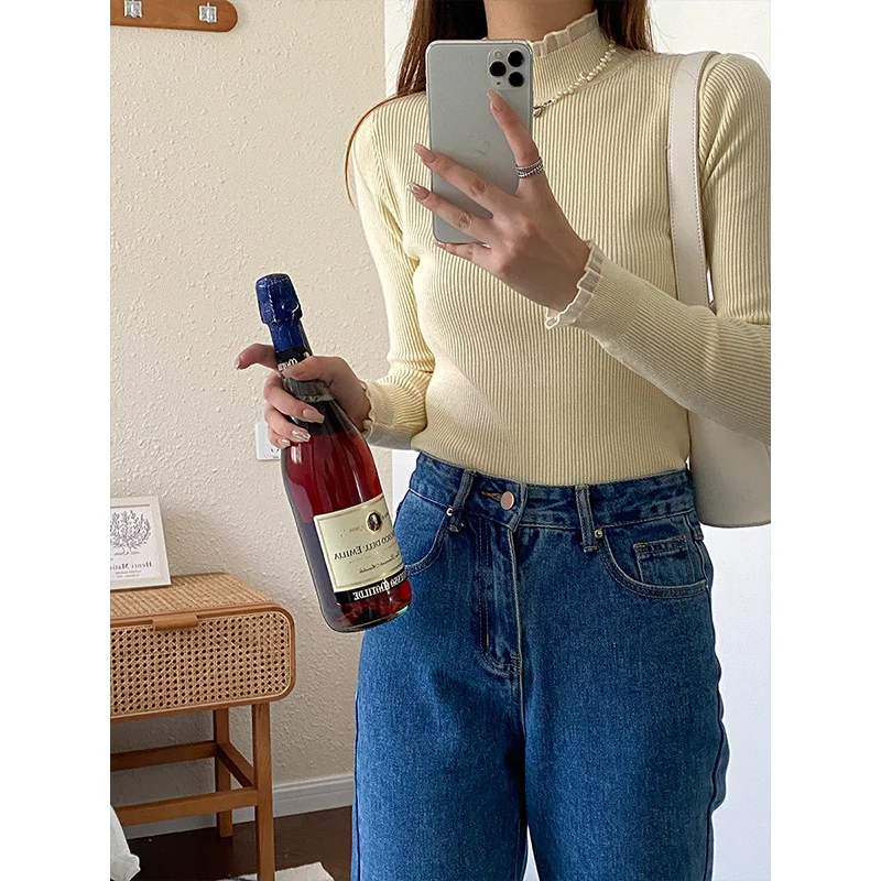 

Lace Half High Collar Women Slim Sweater 2022 Autumn Winter Sweet Soft Long Sleeve Solid Knitted Tops Bottoming Shirt