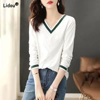 women white v neck long sleeve t shirt tops fashion causal elasticity loose patchwork comfortable spring autumn clothing 2022