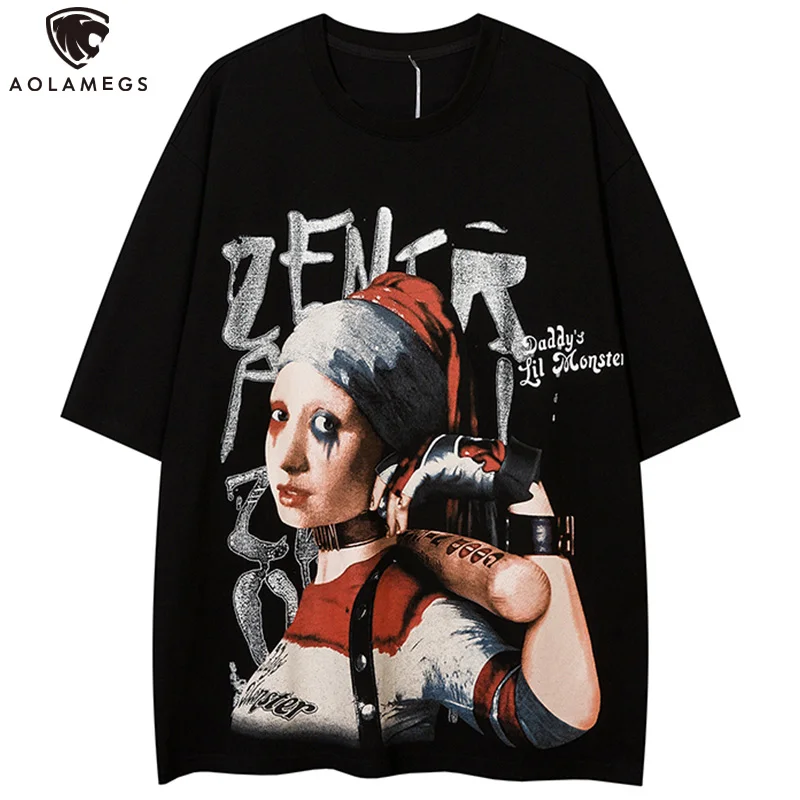

Aolamegs Comics Girl Letter Graffiti Print T-shirts Men O-Neck Cotton Tees Summer Punk Cool Gothic Style High Street Tops Couple