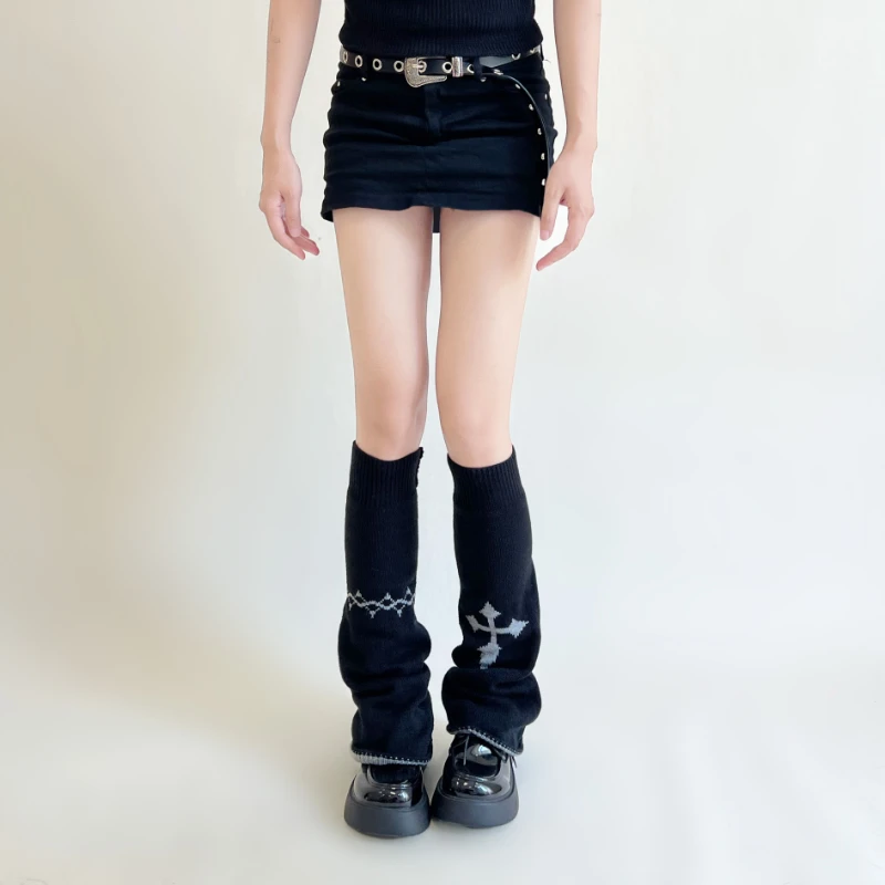 Y2k Girl Harajuku Leg Warmers Gothic Black Lady Knit Cross Leg Warmer 2022 Chic Mujer Knitted Reversible Sock