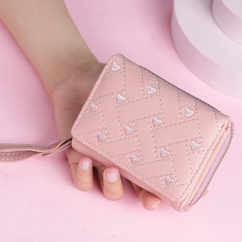 

Embroidery Heart Wallets for Women Luxury Designer Lady Coin Purse PU Leather Solid Color