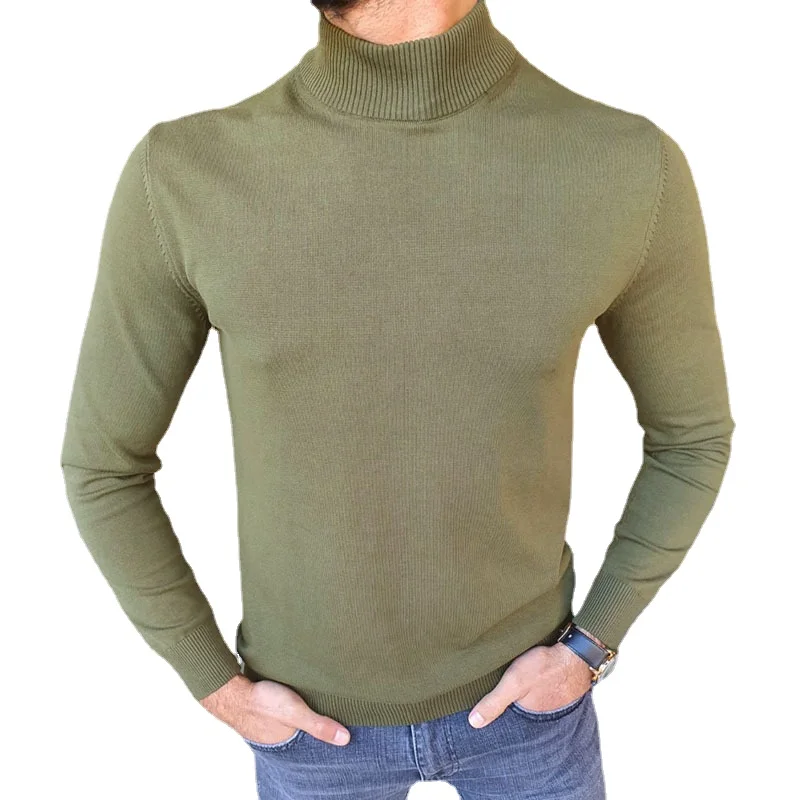 Y2k Spring Autumn New Men's Solid Color Trend Turtleneck Bottoming Knit T-shirt Long-sleeved Slim Sweater Street Style Slim Type