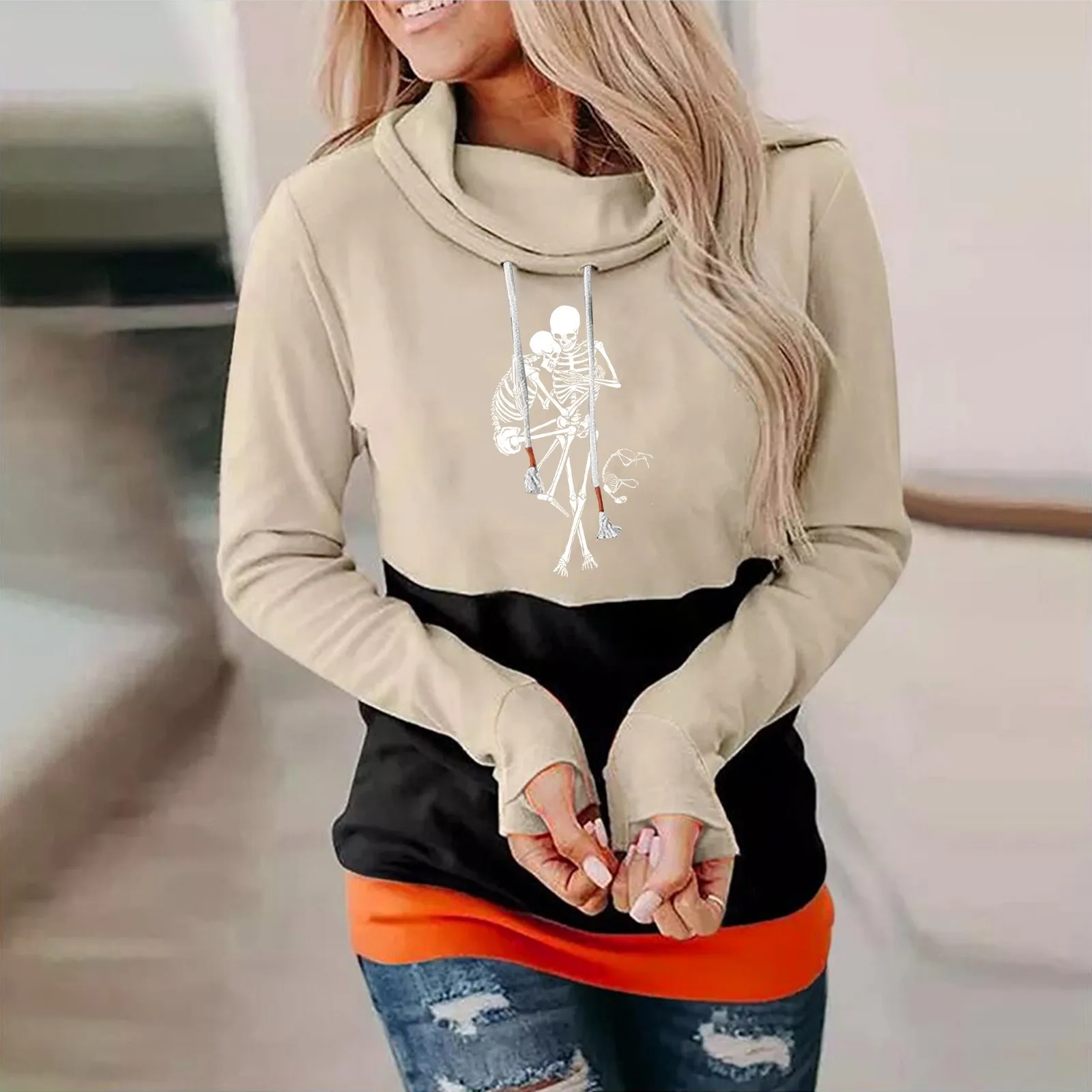 

Women Halloween Printing Sweatshirt Casual Long Thin Lightweight Hoodie Ladies Mock Turtleneck Womens Sweatshirt And Hoodie