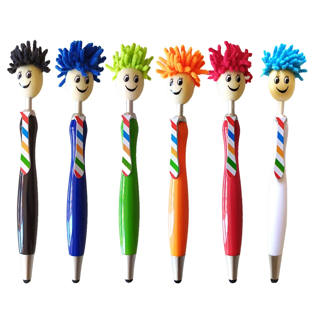 

6pcs Plush Hair Mop Head Pen Cartoon Students Writing Pen Plastic Ballpoint Pen (Assorted Color) School stationery