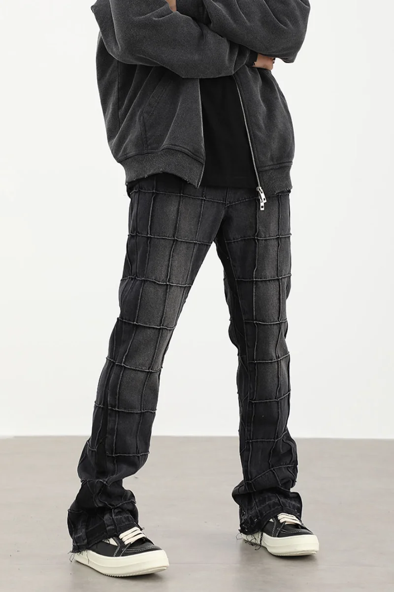 Hip Hip Denim Pants 2023 Mens Streetwear Plaid Ripped Denim Pants Harajuku Cotton Joggers Jeans Trousers Boot Cut Flare Pants