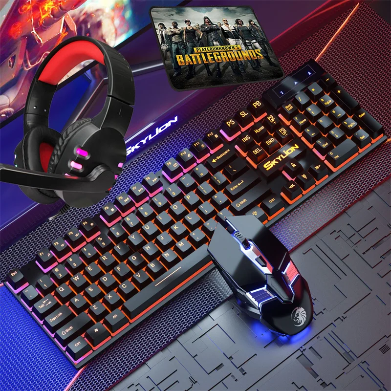 

USB Wired Gaming Keyboard Mouse Headset Mousepad Combos Mechanical Feel Typewriter Keyboard 1600 DPI Optical Mouse for PC Gamer