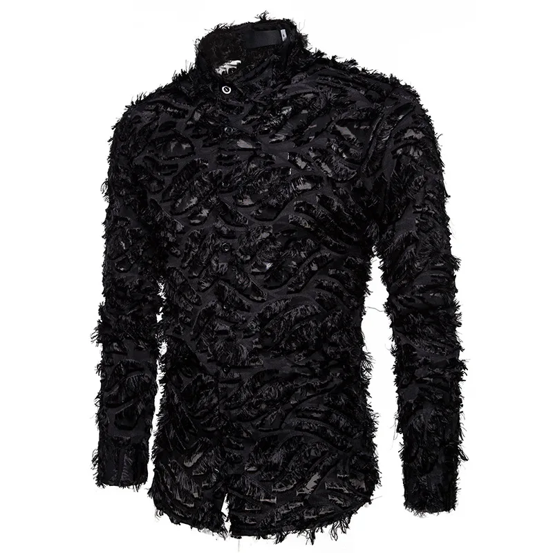 

Sexy Black Feather Lace Shirt Men 2023 Fashion See Through Clubwear Dress Shirts Mens Event Party Prom Transparent Chemise S-3XL