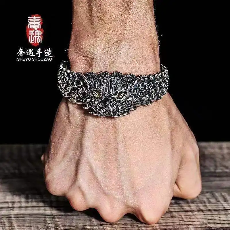 Golden Cudgel bracelet male sterling silver 999 strong Retro Opening  Bracelet Xiangyun Silver