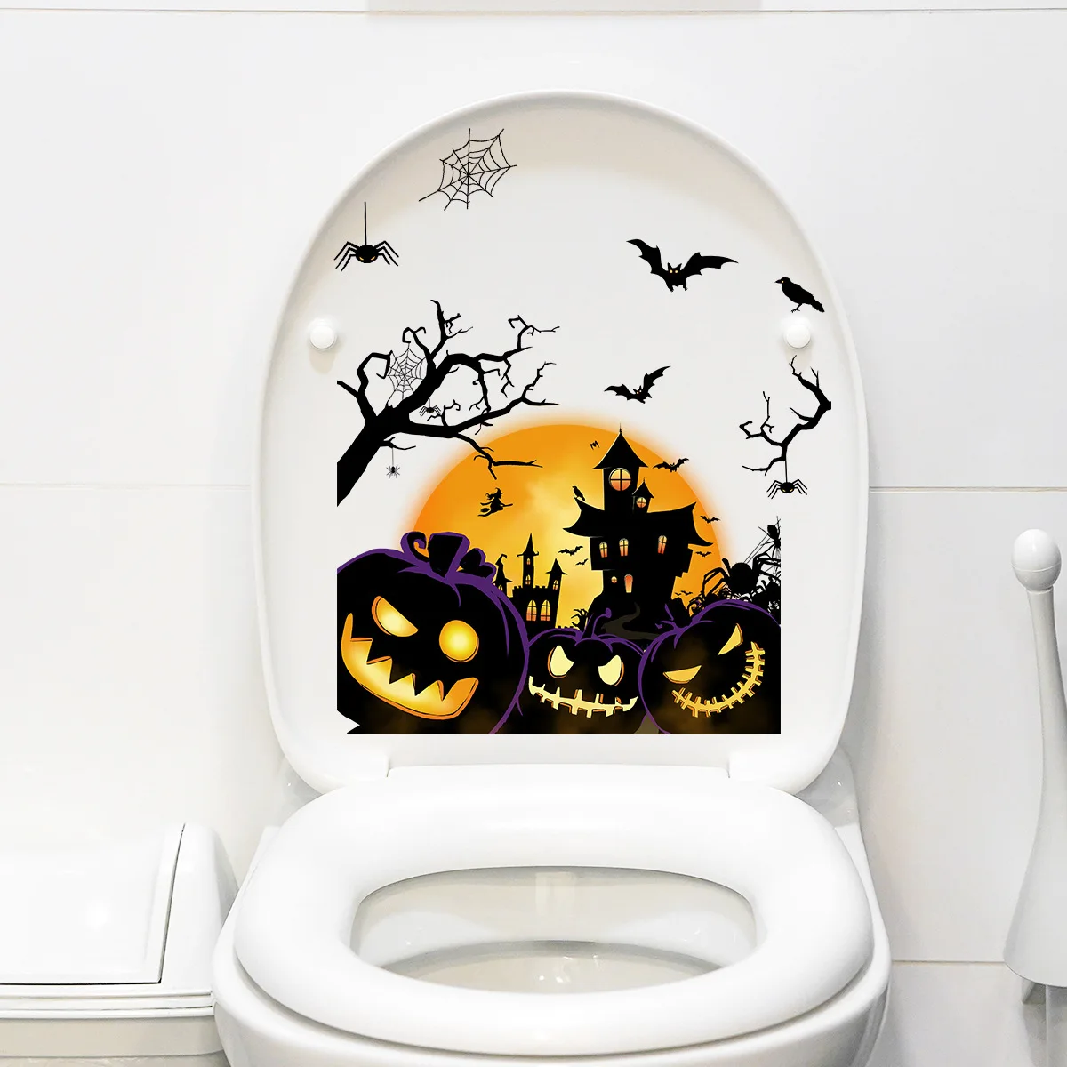 

Scary Halloween Decorations Bathroom Decals Spider Bat Pumpkin Black Tree Branches Toilet Lid Cover Stickers Holiday Decor