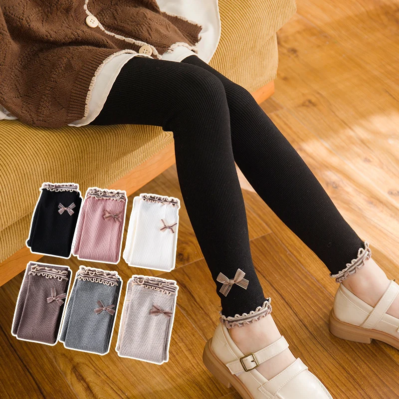 

Spring autumn baby combed cotton thin vertical strips trousers wood ears lovely lace bow leggings girls bowknot kids girls pants