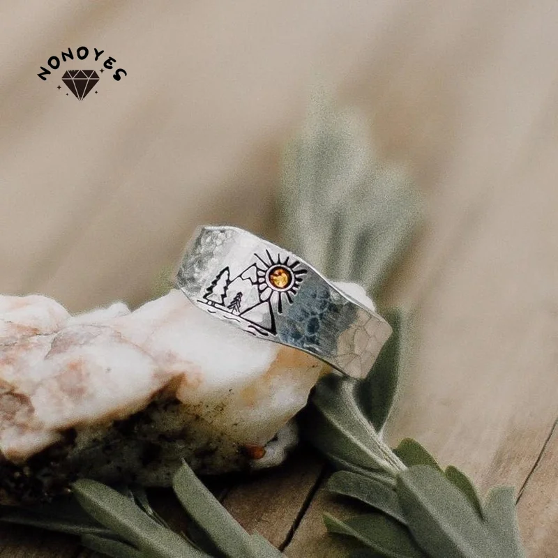 

Nonoyes Unique Forest Mountain Sun Nature Landscape Carved Adjustable Ring for Women Men Popular Jewelry Accessories Party Gift