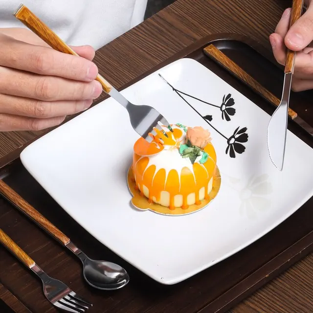 30pcs Stainless Steel Imitation Wooden Handle Cutlery Set Dinnerware Clamp Western Tableware Knife Fork Tea Spoon 5