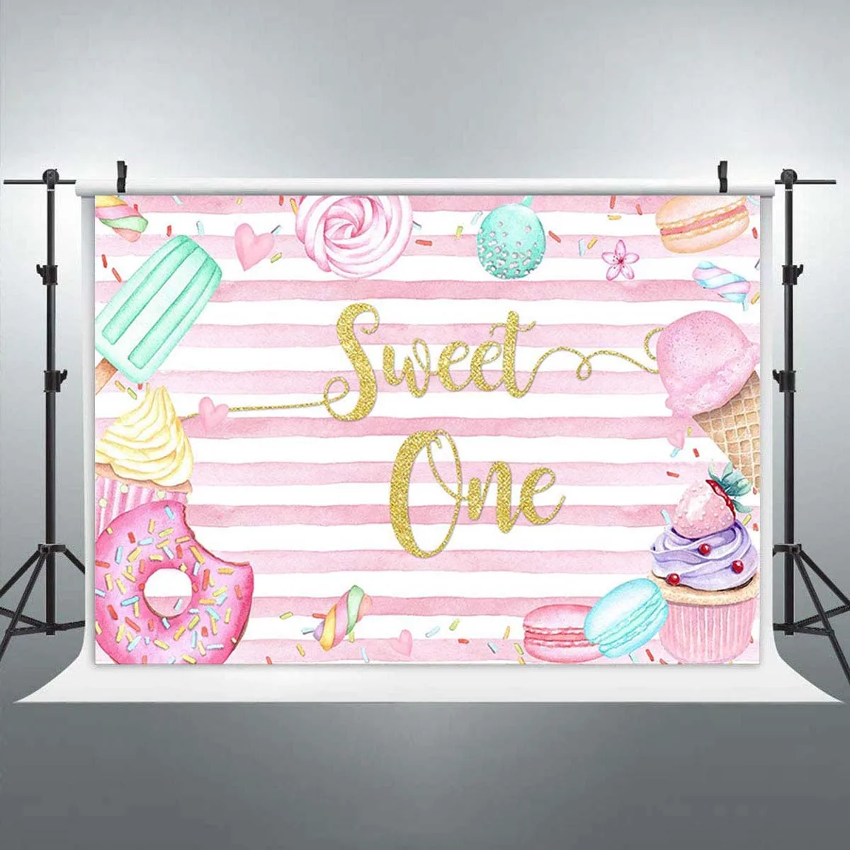 

Donut Sweet One Backdrop for Girl Birthday Party Wall Photography Background Pink White Stripes 1st First Cake Banner Poster