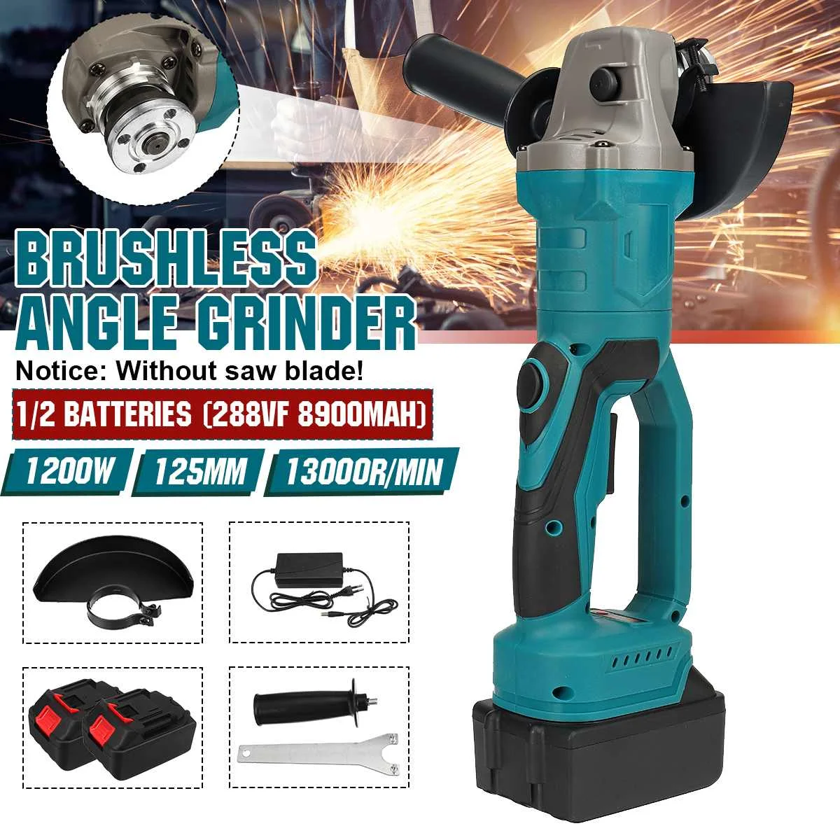 

1200W 125mm Brushless Cordless Impact Angle Grinder without battery DIY Power Tool Cutting Machine Polisher For Makita Battery