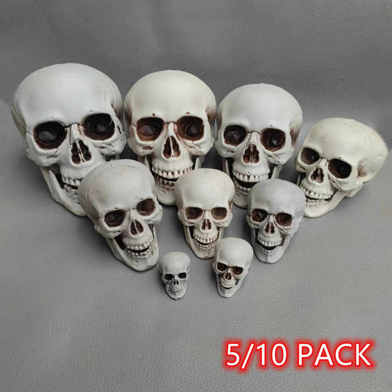 

5/10Pcs Halloween Skull Heads Scary Prank Props Artificial Skull Model Statues Plastic Skeleton Event Festival Party Ornament