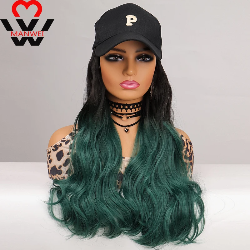 MANWEI Ladies Long Wavy Curly Synthetic Wig Baseball Hat Hair Extension Adjust Black Dark Green Gradient