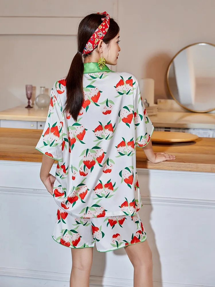 Summer Strawberry Manor High Sense Ice Silk Short Sleeve Ladies Pajamas пижама женская pajama set  سكسي نيك