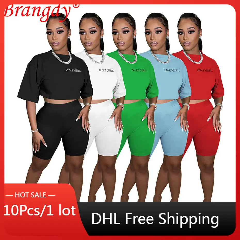

10 комплектов, летняя одежда для женщин, шорты, комплект из 2 предметов, наряды, короткий топ с коротким рукавом, спортивный костюм с надписью ...