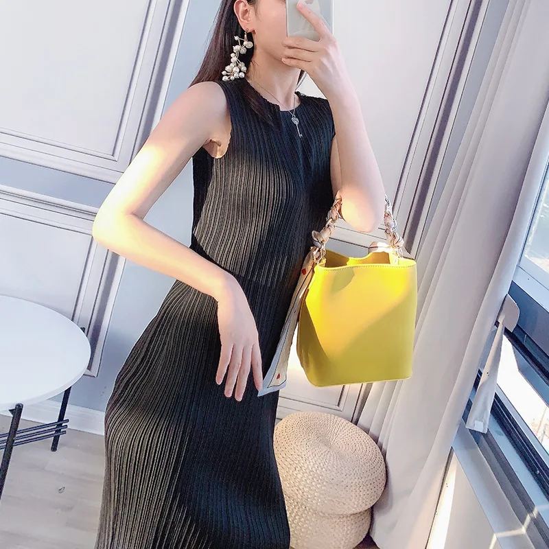 Dress for women miyake Pleated female long retro white vest solid color sleeveless small round neck design Japanese gentle dress