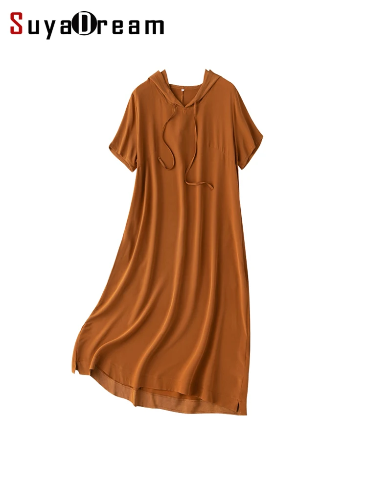 

SuyaDream Woman Hooded Dress 100%Pure Silk Short Sleeved A-line Solid Mid Dresses 2022 Spring Summer Clothes Green