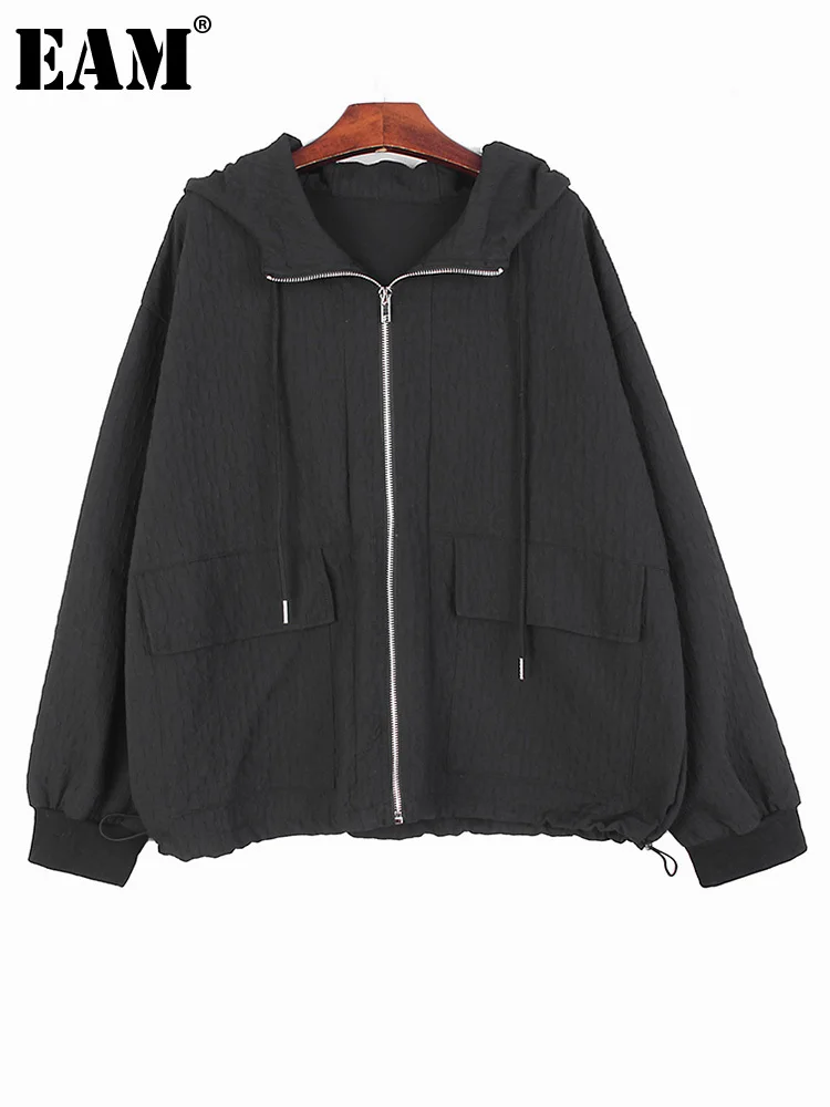 

[EAM] Loose Fit Black Pocket Casual Big Size Jacket New Hooded Long Sleeve Women Coat Fashion Tide Spring Autumn 2023 1DF5117