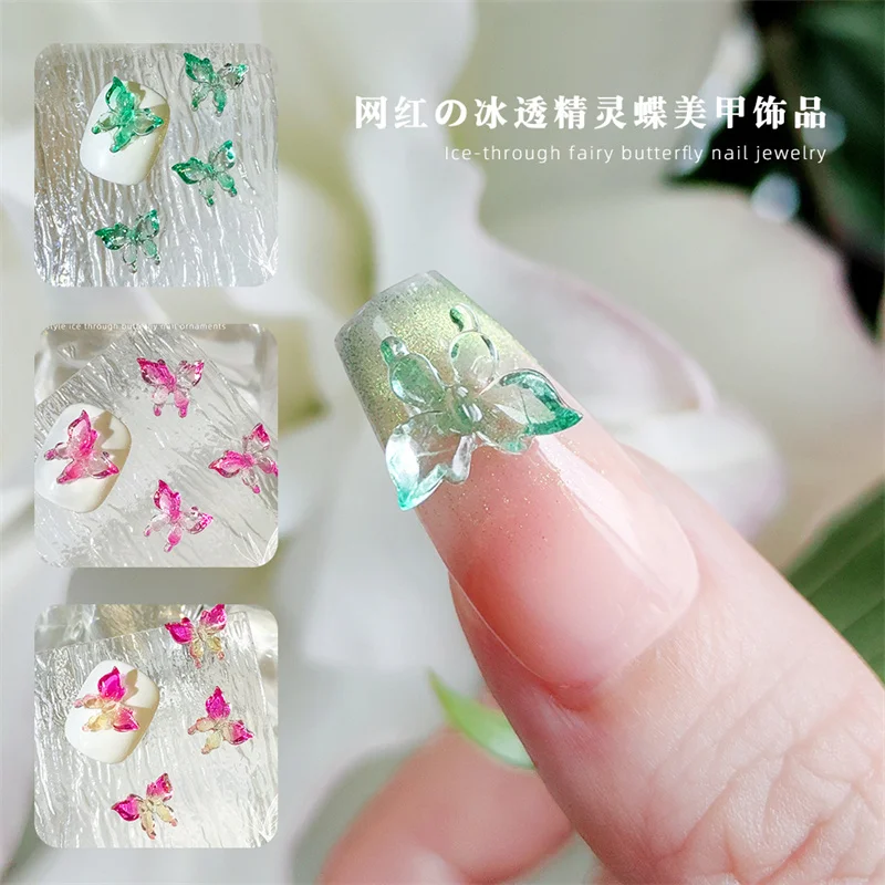 

10pcs Ice Transparent Multicolor Butterfly Nail Art Charms Resin Crystal Rhinestones Nails Decorations for Manicure Accessories