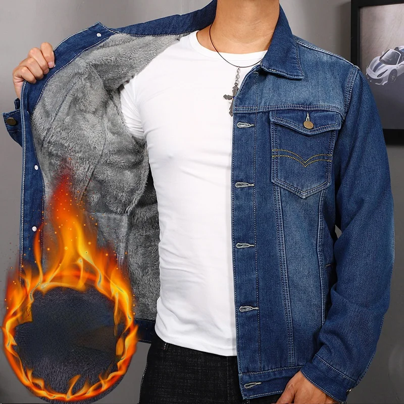 Мужская джинсовая куртка винтажная простая повседневная из 2021 плюша утепленная