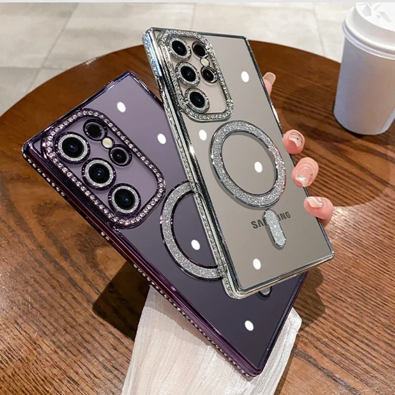 Роскошный Бриллиантовый чехол для Samsung S24 ультра прозрачный Magsafe Galaxy S23 Ultra Plus с