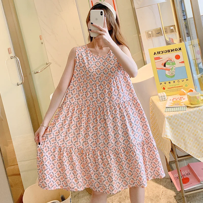 Womens Nightgowns Round Neck Pajama Dress Floral Sleepdress Nightshirt Tank Nightdress Sleeveless Sleepwear Casual Sleepshirt