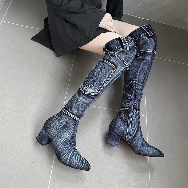 

2022 Sexy Jean Boots Women's Knee-High Boot Zipper 6CM High Heel Woman Stylish Jeans Boots Ladies Denim Boot Female Shoes Cowboy