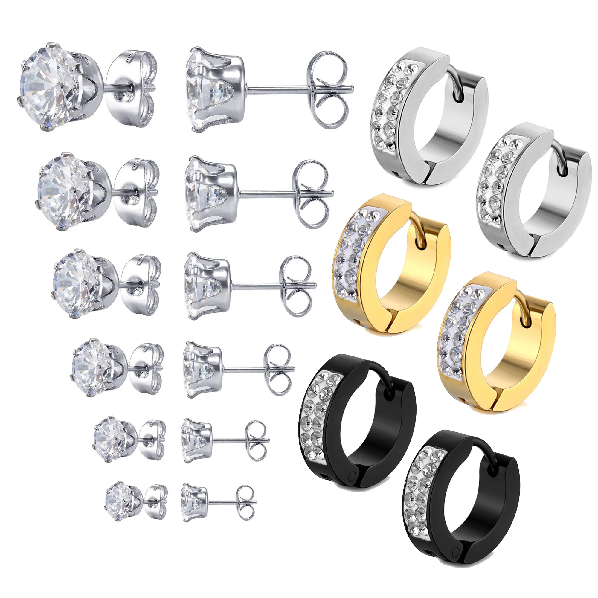 

1-9 Pairs Stainless Steel Round Clear Cubic Zirconia Stud Earring and Hoop Earrings Huggie Earrings Womens Mens CZ Piercings